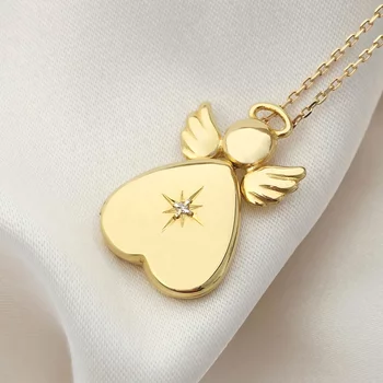 Fényképes Angyal Nyaklánc - Golden Angel -  Ezüst 925 - 18 K Sárga Arany bevonattal - Fehér Cirkónia