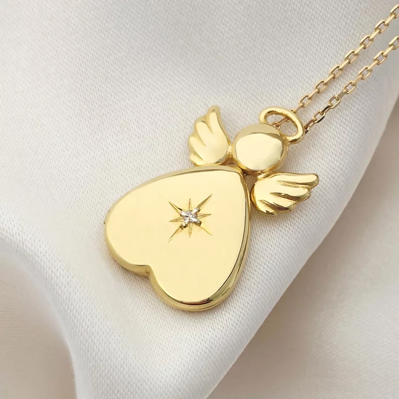 Fényképes Angyal Nyaklánc - Golden Angel -  Ezüst 925 - 18 K Sárga Arany bevonattal - Fehér Cirkónia