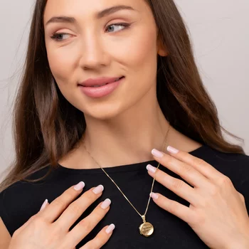 Fényképes Kerek Nyaklánc - 18K Sárga Aranyozott Sterling Ezüst 925 Medál írással - Körkapocs