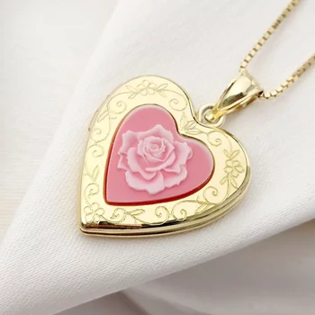 Fényképes Szív Nyaklánc - Pink Rose - Ezüst 925 - 18K Sárga Arany Bevonattal