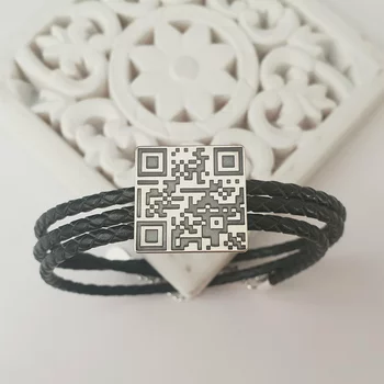 3 Rétegű Fonott Bőr Karkötő Ezüst QR Kód Lemezzel