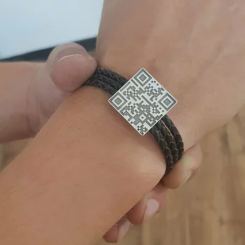 3 Rétegű Fonott Bőr Karkötő Ezüst QR Kód Lemezzel