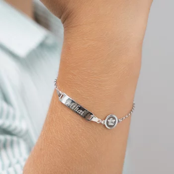 Gravírozható Lemez Karkötő - Név és Angyal – Ródiumozott 925 Ezüst – Lánccal