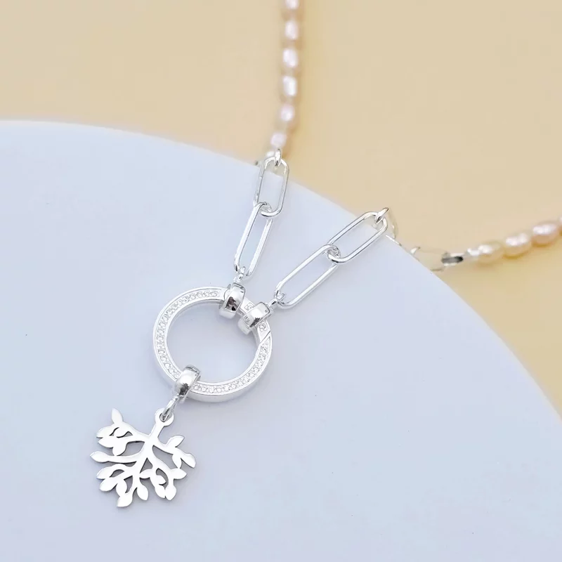 Gyöngy Nyaklánc - Bölcsesség Ágai - Barack Rizs-szem Gyöngyök, 925 Sterling Ezüst Lánc és Cirkóniás Charm - Körkapocs