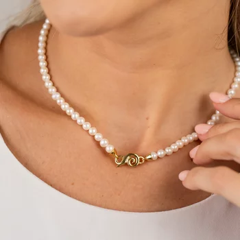 Gyöngy Nyaklánc - Fehér Japán Akoya Gyöngy - 18K Sárga Aranyozott 925 Sterling Ezüst - Karabíner Kapocs