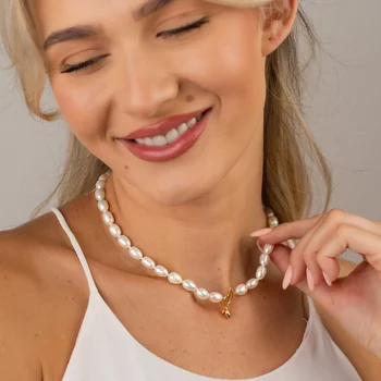 Gyöngy Nyaklánc - Fehér Rizs-szem Gyöngy - 18K Sárga Aranyozott 925 Sterling Ezüst