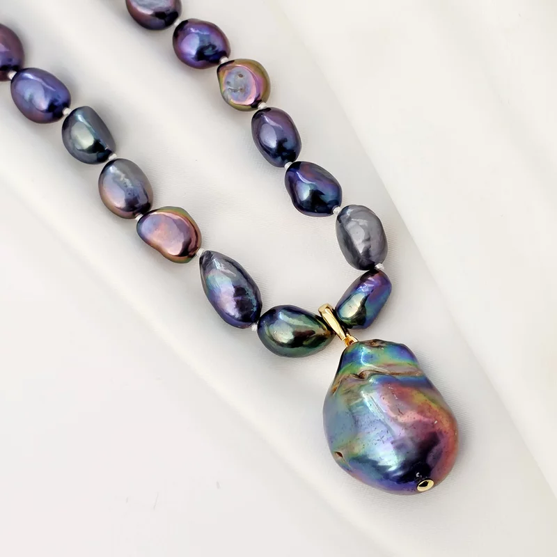 Gyöngy Nyaklánc - Kék Barokk Gyöngy - 18K Sárga Aranyozott 925 Sterling Ezüst - T Kapocs