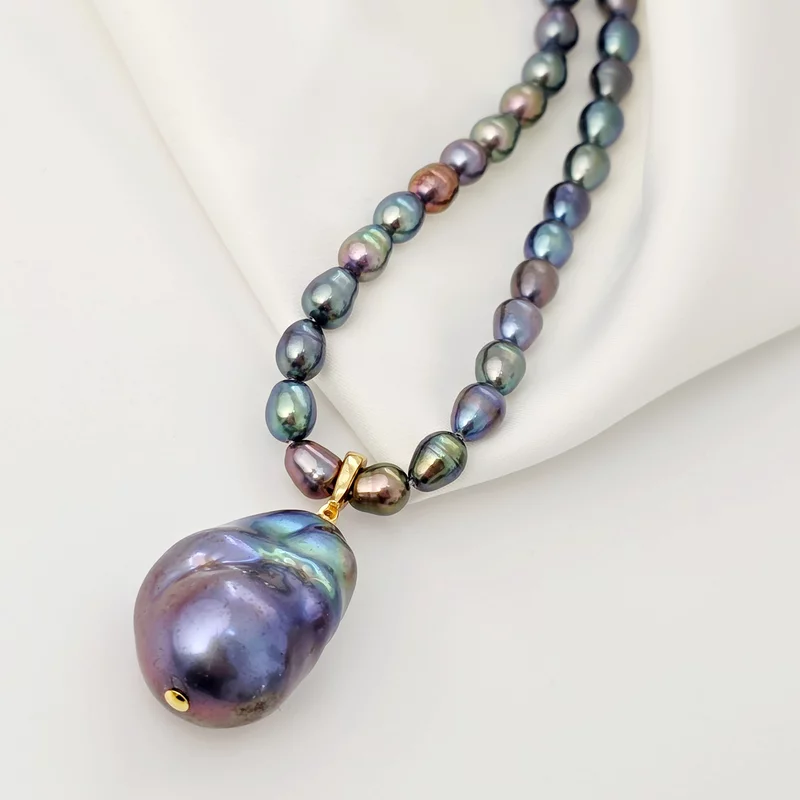 Gyöngy Nyaklánc - Kék Rizs-szem Gyöngy - 18K Sárga Aranyozott 925 Sterling Ezüst - T Kapocs