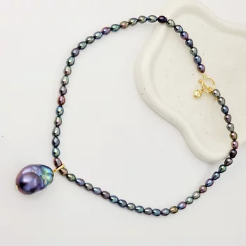 Gyöngy Nyaklánc - Kék Rizs-szem Gyöngy - 18K Sárga Aranyozott 925 Sterling Ezüst - T Kapocs