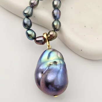Gyöngy Nyaklánc - Kék Rizs-szem Gyöngy - 18K Sárga Aranyozott 925 Sterling Ezüst - T Kapocs