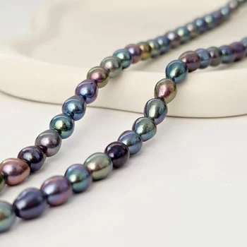Gyöngy Nyaklánc - Kék Rizs-szem Gyöngy - 18K Sárga Aranyozott 925 Sterling Ezüst - T Kapocs