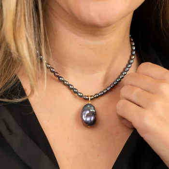 Gyöngy Nyaklánc - Kék Rizs-szem Gyöngy - 18K Sárga Aranyozott 925 Sterling Ezüst - T Kapocs