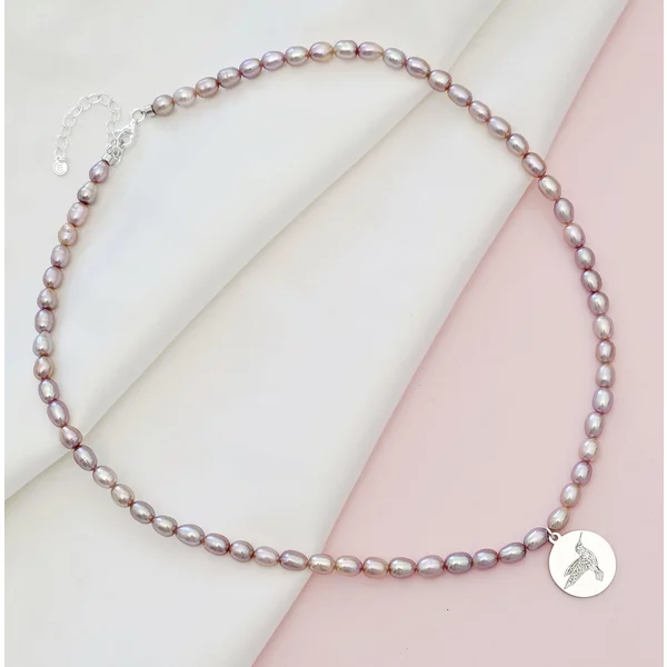 Gyöngy Nyaklánc - Kolibri - Rizs-szem Gyöngy és 925 Sterling Ezüst Medál - Delfinkapocs