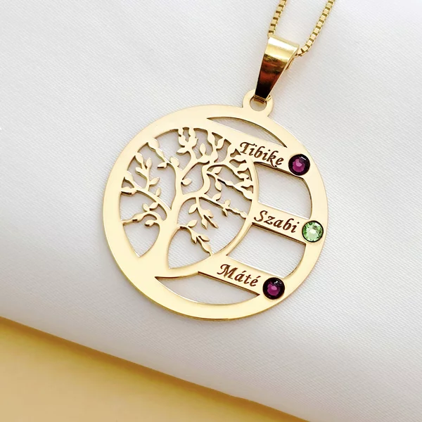Harmónia Életfa Nyaklánc  - 3 Név -  18K Sárga Aranyozott 925 Sterling Ezüst  Swarovski Kristály - Körkapocs