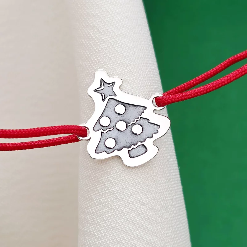 Karácsonyi karkötő - Gyönyörű fa - Ezüst 925, állítható zsinór különböző színekben