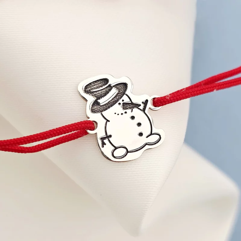 Karácsonyi karkötő - Hóember - Ezüst 925, állítható zsinór többféle színben