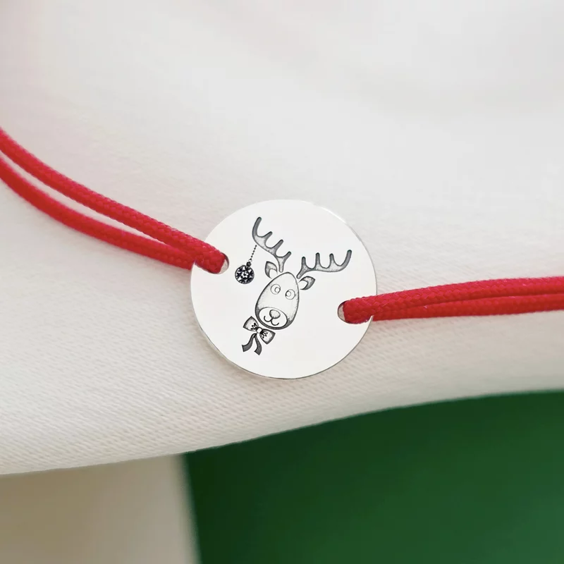 Karácsonyi karkötő - Karácsonyi rénszarvas - Ezüst 925, állítható zsinór többféle színben