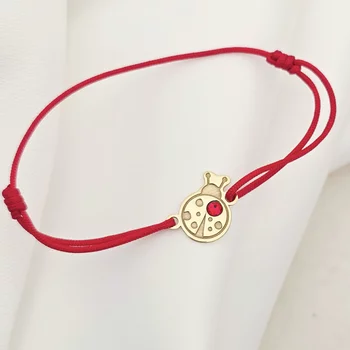 Katicabogár Karkötő - 18K Sárga Aranyozott 925 Sterling Ezüst Katica - Swarovski Kristály - Állítható Méretű Zsinór