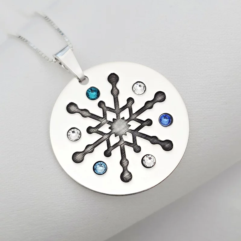 Lánc személyre szabott karácsonyi medállal - Jégvirág - kerek modell - Ezüst 925 - Swarovski kristályok