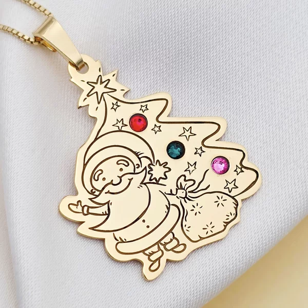 Lánc személyre szabott karácsonyi medállal - Mikulás és fa - 925 ezüstözött 18K sárga arannyal - Swarovski kristályok