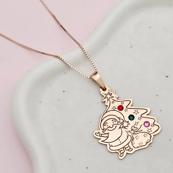 Lánc személyre szabott karácsonyi medállal - Mikulás és fa - Ezüst 925 18K rózsaszín arannyal bevonva - Swarovski kristályok