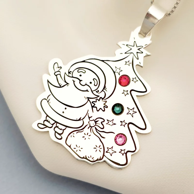 Lánc személyre szabott karácsonyi medállal - Mikulás és fa - Ezüst 925 - Swarovski kristályok