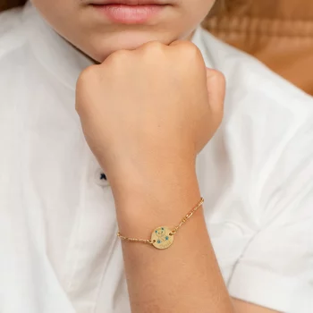 Mackó Érme Karkötő – 18K Sárga Aranyozott 925 Sterling Ezüst - Kék Tűzzománc & Gravírozott Név - Lánc Fiú/Lány
