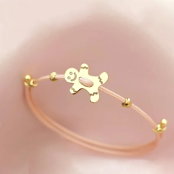 Mézeskalács karkötő – Vastag rózsaszín zsinórral és 2 db 3 mm-es gyönggyel – 925 ezüst, 18K sárga arany bevonattal