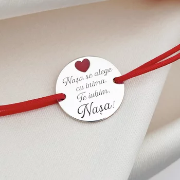 Keresztanyám karkötő – Ezüst szívvel, piros zománccal – Állítható zsinór