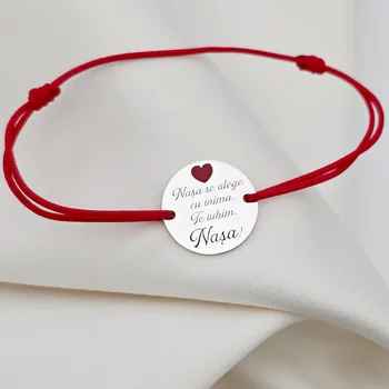 Keresztanyám karkötő – Ezüst szívvel, piros zománccal – Állítható zsinór