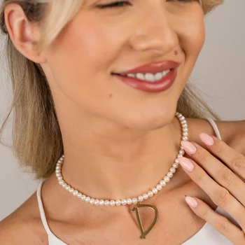 Óriás Kezdőbetű Nyaklánc - Betű és Gyöngysor - 18K Sárga Aranyozott 925 Sterling Ezüst