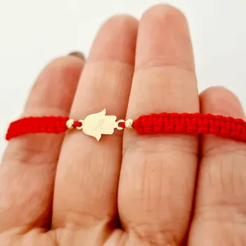 14K Fatima Keze Karkötő makramé zsinórral és 2 db arany golyóval