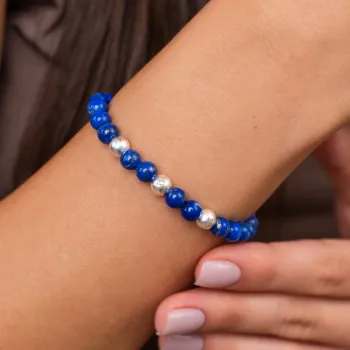 Bölcsesség Karkötő Szett – Lapis Lazuli Ásvány és Személyre Szabott 925 Ezüst Gyöngyök - Rugalmas Szilikon