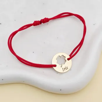 Érme Karkötő - Kivágott Lóhere és Név - 12 mm - 18K Sárga Aranyozott Sterling Ezüst - Állítható Zsinór
