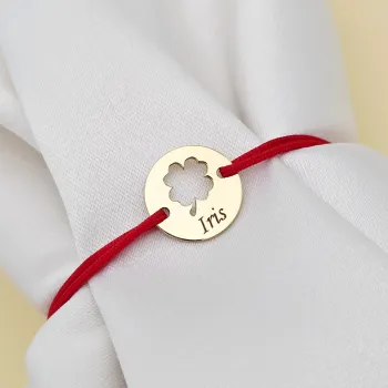Érme Karkötő - Kivágott Lóhere és Név - 12 mm - 18K Sárga Aranyozott Sterling Ezüst - Állítható Zsinór