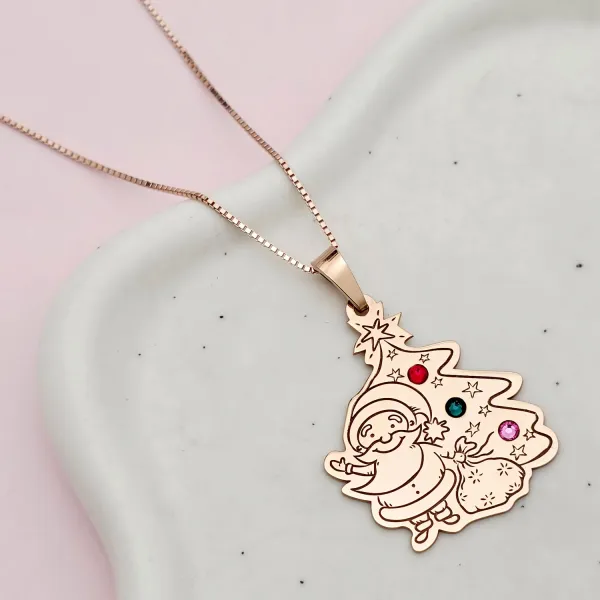 Lánc személyre szabott karácsonyi medállal - Mikulás és fa - Ezüst 925 18K rózsaszín arannyal bevonva - Swarovski kristályok