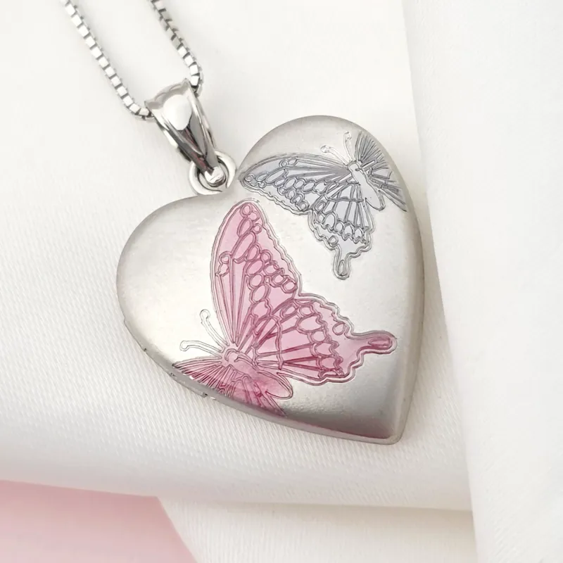 Fényképes Szív Nyaklánc - Rose&Blue Butterflies - Ezüst 925 Ródium bevonattal