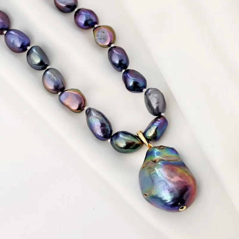 Gyöngy Nyaklánc - Kék Barokk Gyöngy - 18K Sárga Aranyozott 925 Sterling Ezüst - T Kapocs
