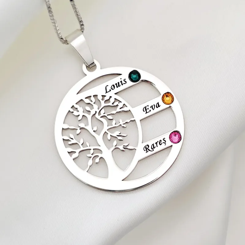 Harmónia Életfa Nyaklánc  - 3 Név - 925 Sterling Ezüst  Swarovski Kristály - Körkapocs