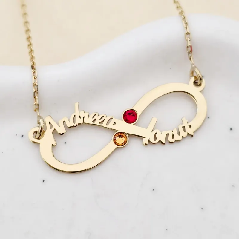 Végtelen Neves Nyaklánc - 2 Név - 18K Sárga Aranyozott 925 Sterling Ezüst  Swarovski Kristály - Körkapocs