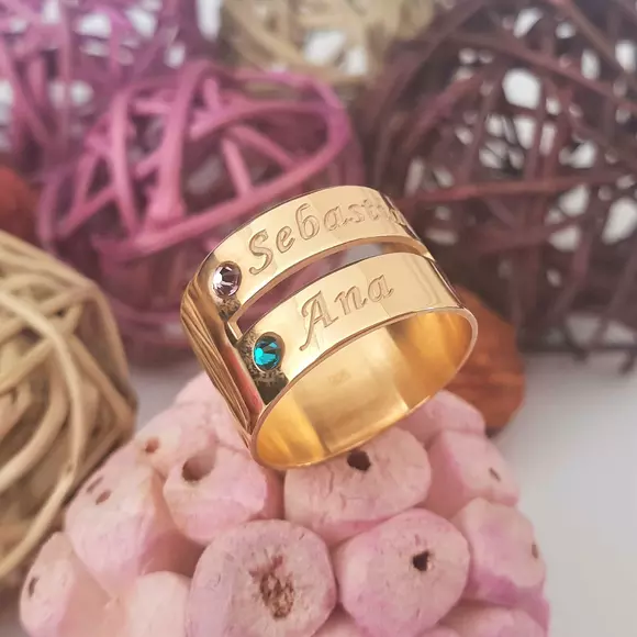 Személyre szabott gyűrű 2 névvel - Ezüst 925 18 karátos sárga arannyal, Swarovski kristályokkal