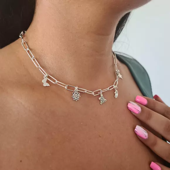 Személyre szabott nyaklánc - Elegáns elemek - Lánc téglalap alakú láncszemekkel - Ezüst 925