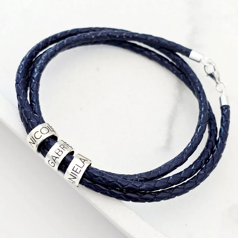 Trio Karkötő – Fonott Kék Bőrből, 3 db Hengeres 925 Ezüst Elemmel – Karabinerzárral