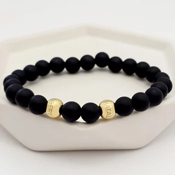 Védelmező Karkötő - 8mm Matt Ónix Ásvány - 2 Sterling Ezüst Golyó- Rugalmas Szilikon