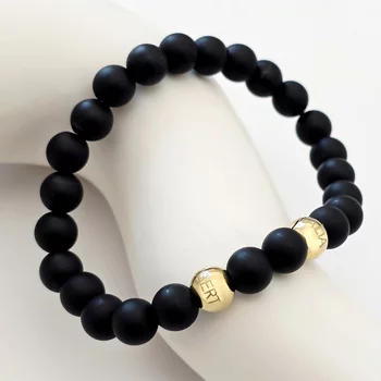 Védelmező Karkötő - 8mm Matt Ónix Ásvány - 2 Sterling Ezüst Golyó- Rugalmas Szilikon