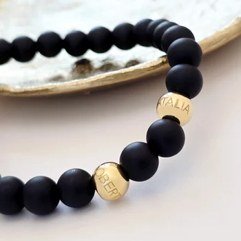 Védelmező Karkötő - 8mm Matt Ónix Ásvány - 2 Sterling Ezüst Golyó- Rugalmas Szilikon