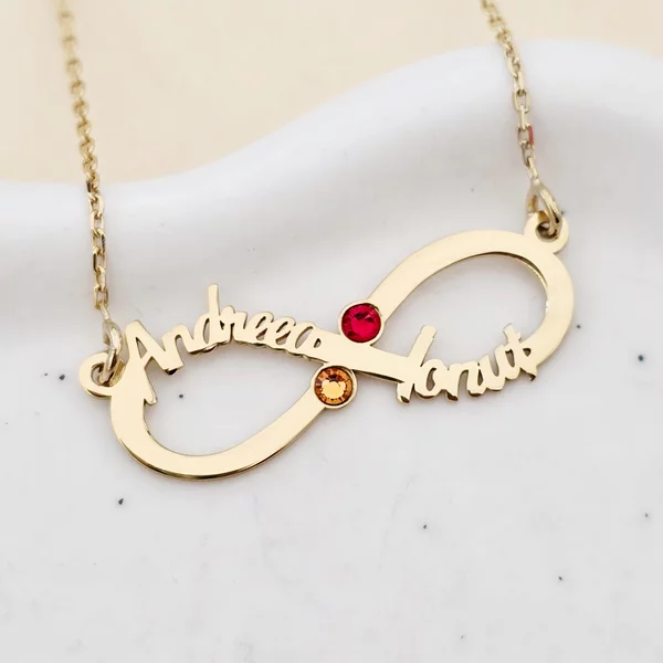 Végtelen Neves Nyaklánc - 2 Név - 18K Sárga Aranyozott 925 Sterling Ezüst  Swarovski Kristály - Körkapocs