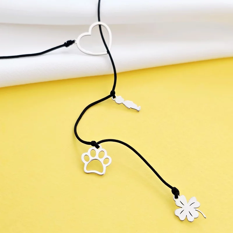 Ezüst Lariat Y Nyaklánc - 1 Szív és 3 Választott Elem - Fekete zsinór