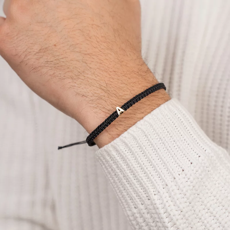 Bratara Initiala Ta pentru barbat - Aur 14K - Snur negru impletit, reglabil picture - 2