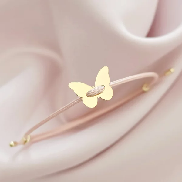 Brățara Aripi de Catifea -  cu Fluture și Șnur roz Gros - Argint 925 placat cu Aur Galben 18K